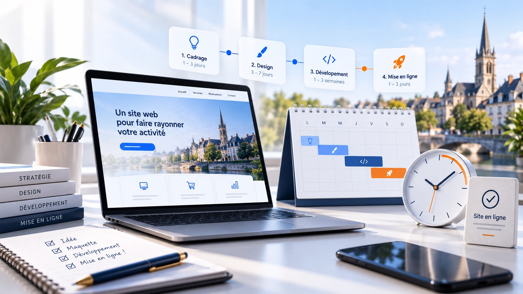 Combien de temps pour créer un site internet Illustration du délai de création d’un site internet à Châteauroux avec étapes de cadrage, design, développement et mise en ligne
